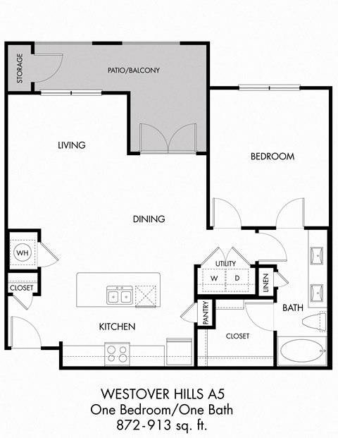 Floor plan for 1 bed, 1 bath, 872 sqft